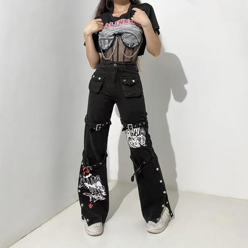 Women Gothic Print Strap Decor Flare Cargo Jeans Streetwear High Waist Denim Pants