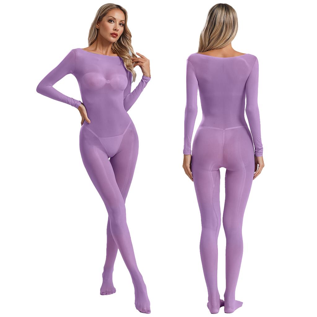 Womens See Through Elastic Footed Bodysuit Long Sleeve Silky Jumpsuit