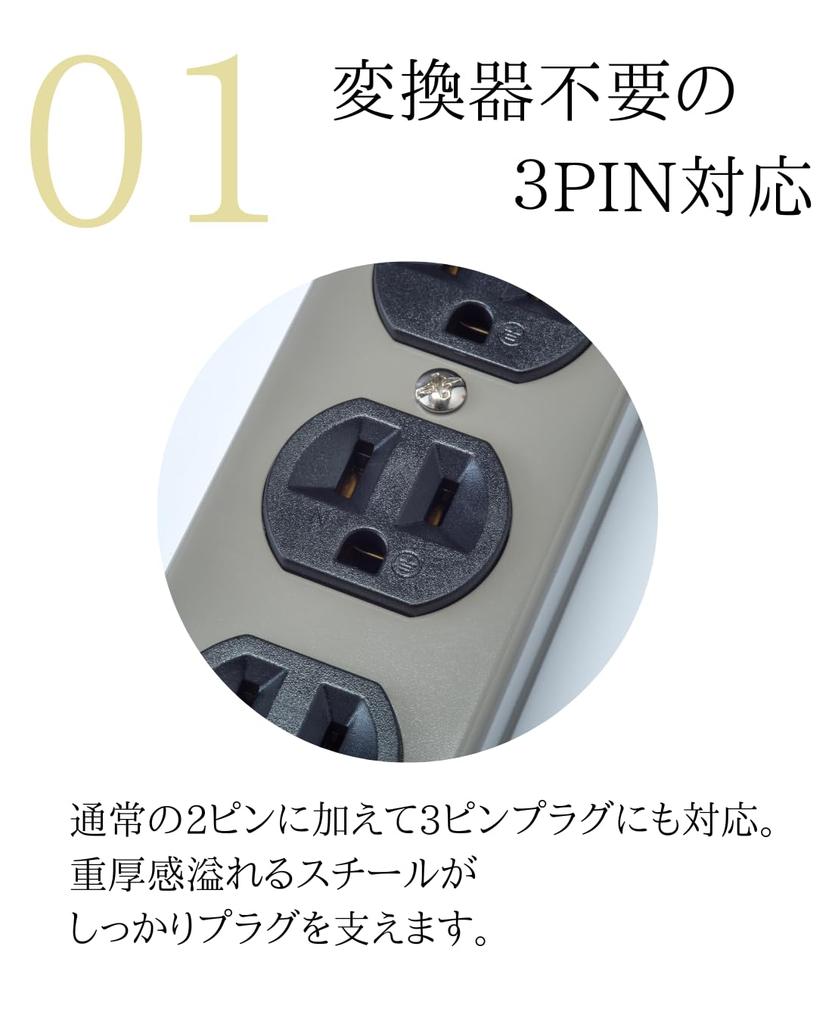 Fargo STEEL TAP Power Strip, Steel, 3-Prong, with Grounding Wire, Wall-Mountable, Fixed Cord (Light Gray, 6 Outlets, 2m)