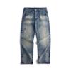 Straight-mounted Retro Jeans Long Ripped Style Monkey Cat Whisker Hand Sewing and Washing