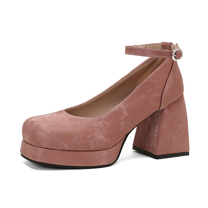 

Plus Size Suede Material Shallow Mary Jane Shoes With Square Toe Extra High And Thick Heels Ankle Buckle Women s High Heels 45 рожевий