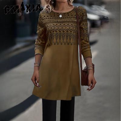 Women's Fashion Autumn Winter Solid Color Print Long Sleeve O-Neck High Waist Casual Dresses