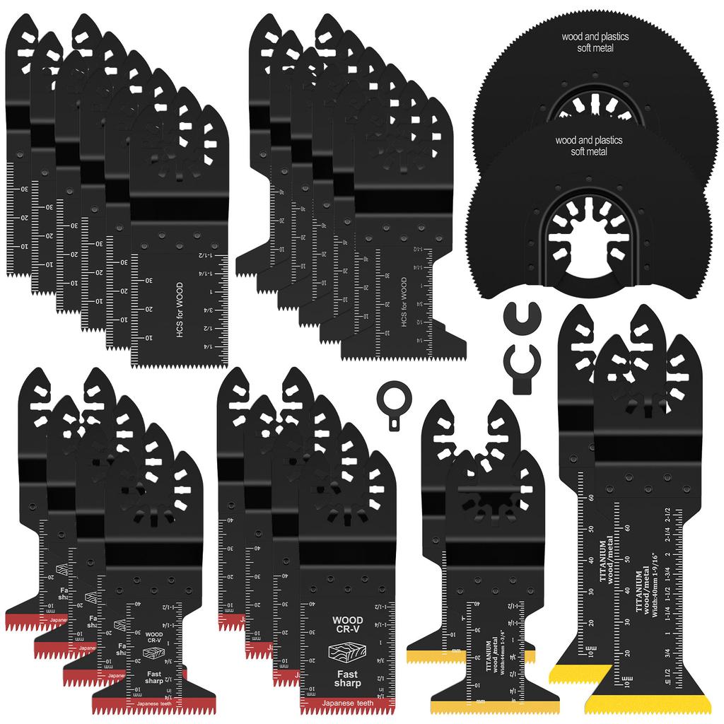 Oscillating Saw Blade Set 10/18/26Pcs Universal Titanium Bimetal Oscillating Multitool Blade with 3 Adapter for Wood PVC Cutter