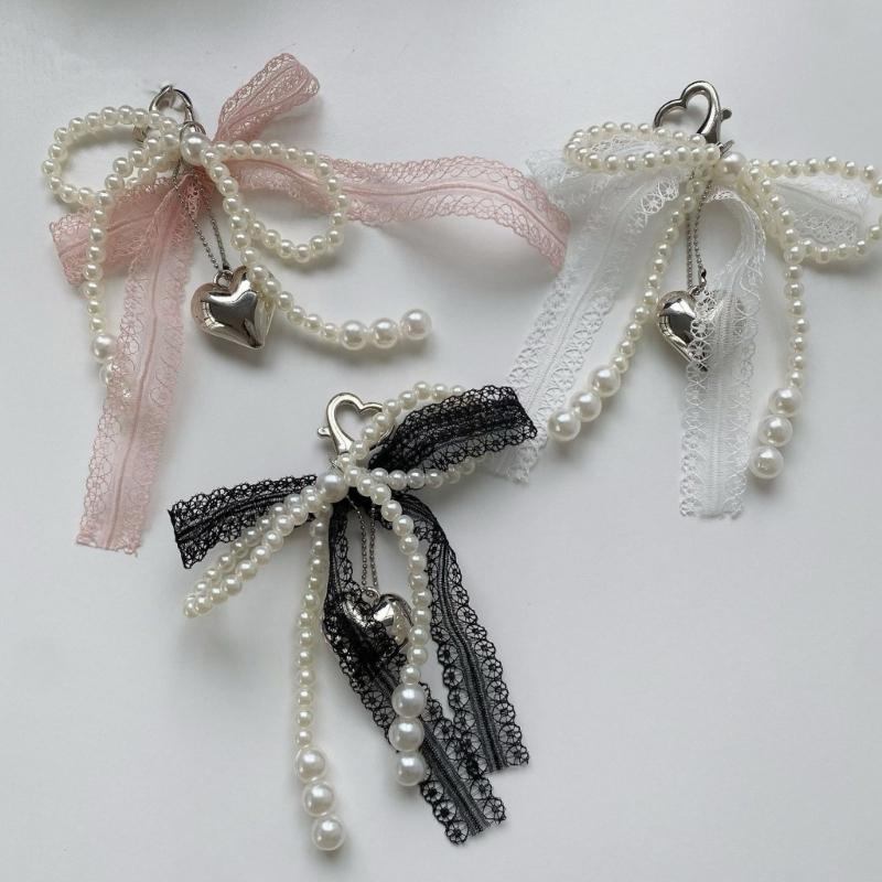 Elegant Lace Bows Keychain With Faux Pearls Detail For Women Girls Fashionable Bag Accessory Gift Alloy Keyring