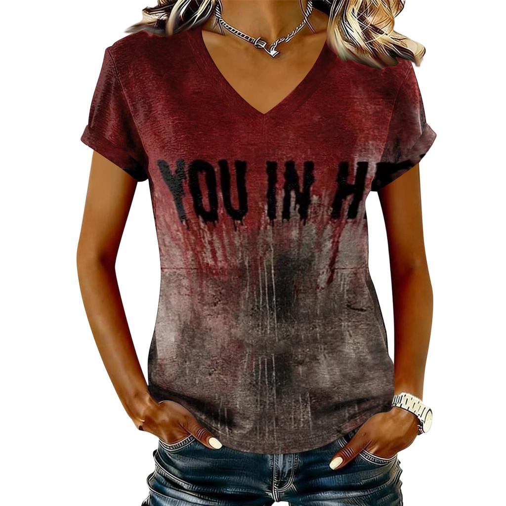 T-shirt décontracté à manches courtes et col en V pour femme avec imprimé Halloween