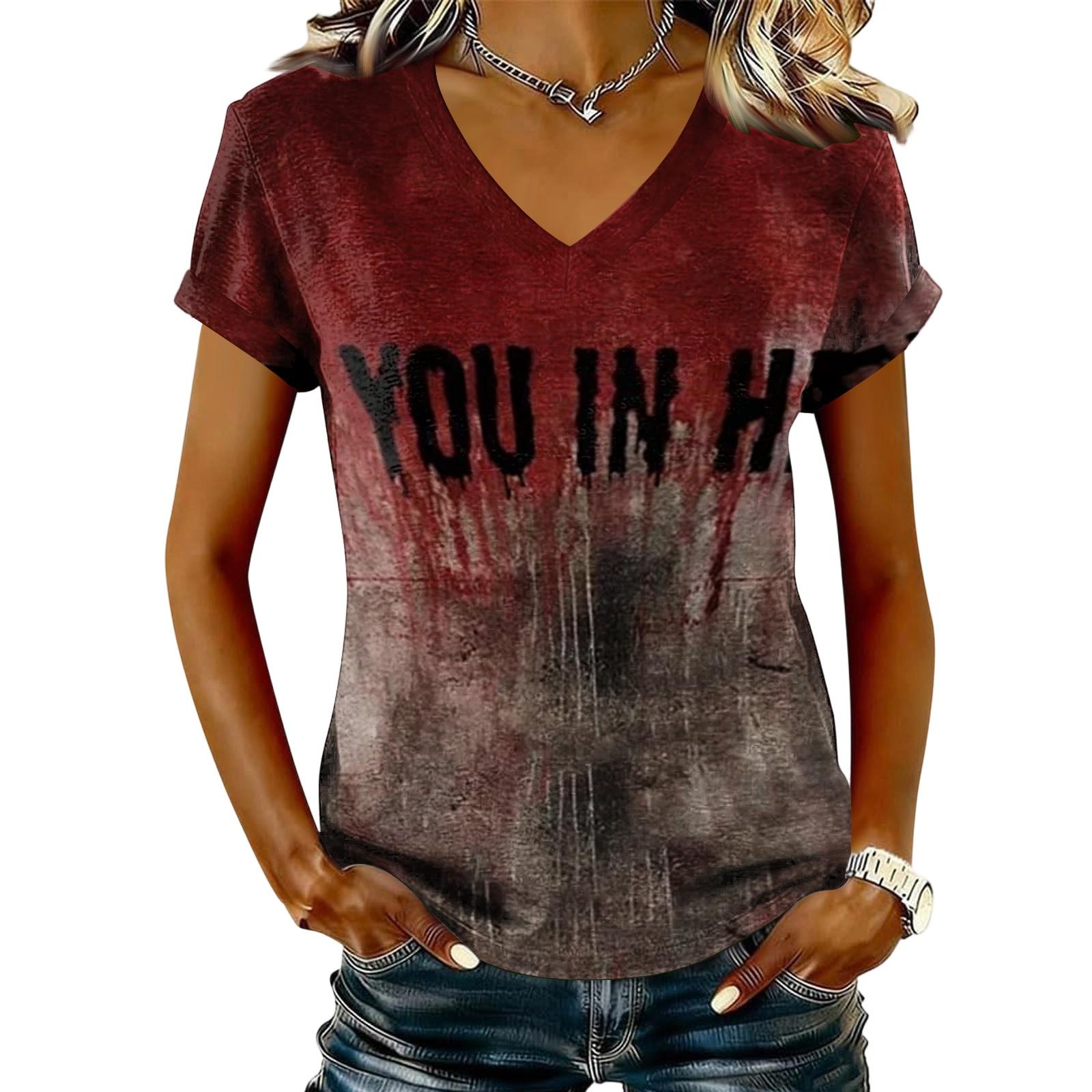Women s V-Neck Short Sleeve T-Shirt Casual Pullover with Halloween Print Top L