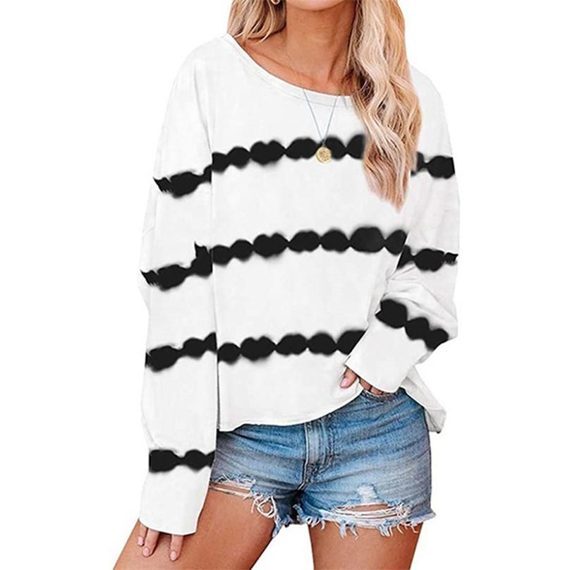 High Quality Women's Simple and Generous Tie-dye Striped Print Top Ladies Loose Long-sleeved Round Neck T-shirt