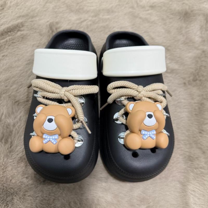 

Новые мультяшные тапочки с дырочками из ЭВА, женская уличная обувь, модные универсальные сандалии на мягкой подошве с нескользящей сумкой-головой для родителей и детей 39-40 чёрный