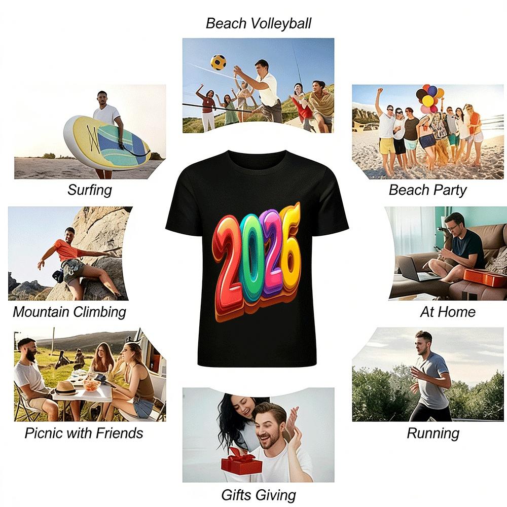 2026 New Year Themed Colorful Number Print Casual Loose Top Pure cotton T-shirt