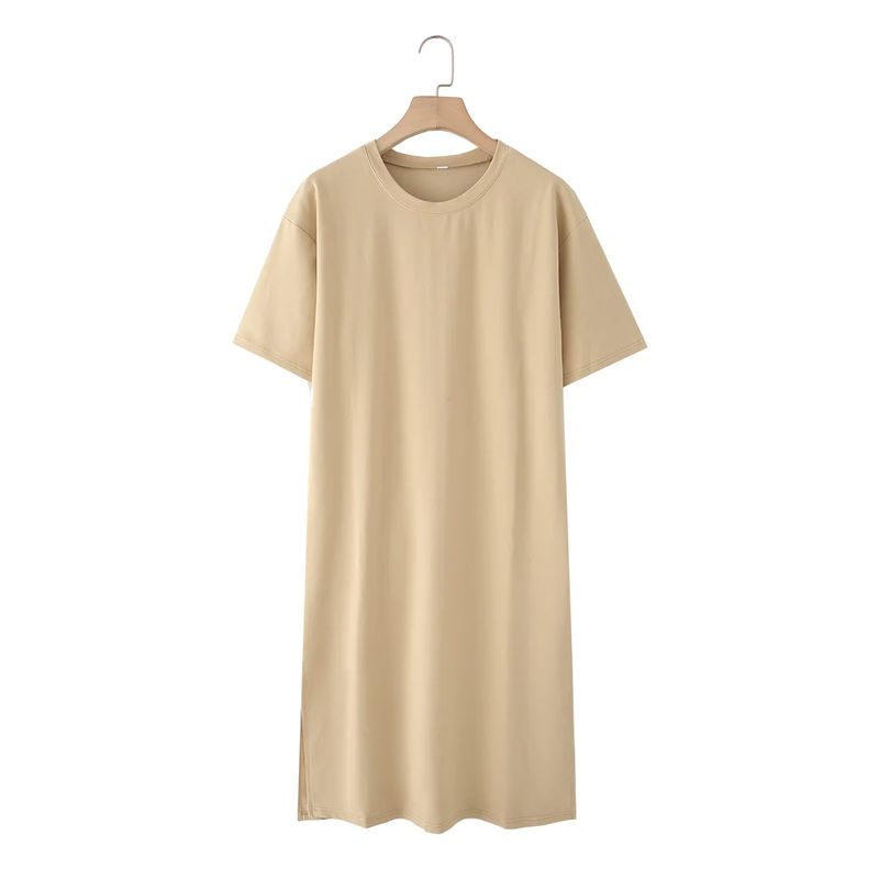 Summer New Product Women's Clothes Round Neck Short Sleeve Slit Design Cotton Long A- Line T-shirt Dress 4174465