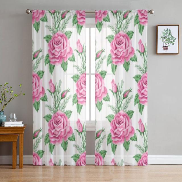 Pink Rose Vintage Tulle Window Curtain For Living Room Modern Sheer Curtain For Bedroom Kitchen Drapes Custom