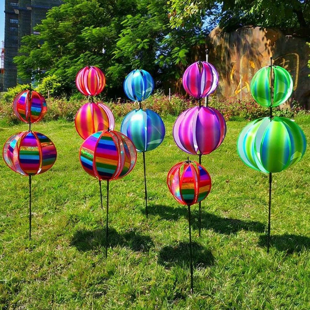 Sparkling Stripe Reflective Garden Pinwheels Rainbow Color Colorful Film Bird Repellents Rotating Ball With Stakes