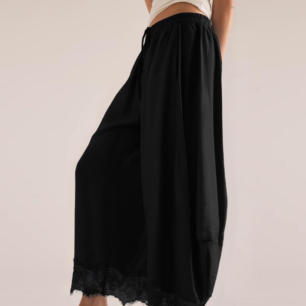 Women Casual Wide Leg Pants Elastic Waistband Drawstring Waist Patchwork Lace Hem Loose Fit Palazzo Trousers for Everyday Wear