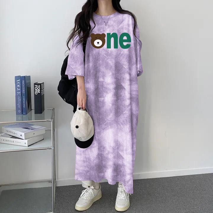 

Korean Style Tie-Dye Short-Sleeve Mid-Length Summer T-Shirt Dress for Women - Casual, Loose, Slimming, Over-the-Knee M зелений