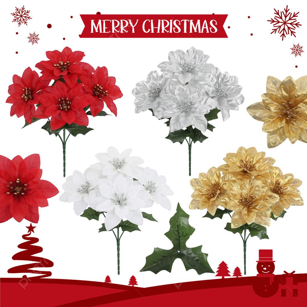 Red Christmas Artificial Poinsettia Flower Bouquets for Christmas Home Garden Table Vase Decoration Wedding Flowers