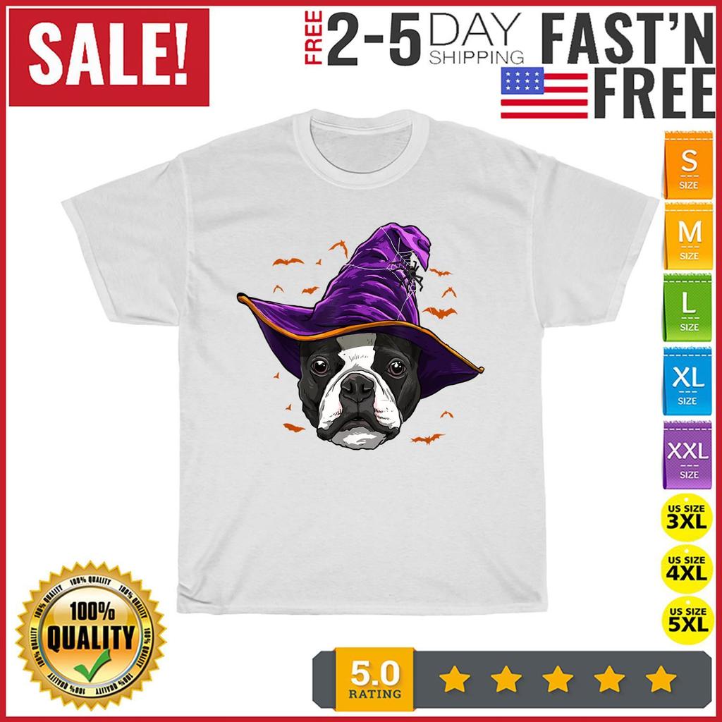 Boston Terrier Witch Funny Halloween Vintage T Shirt Mens Womens Tees Top Men Women Fashion NEW 2023