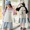 Girls' Summer Polo Shirt Set, New Style, Medium To Large-sized Girls' Color Blocked Short Sleeved T-shirt, Denim Shorts 2-piece Set