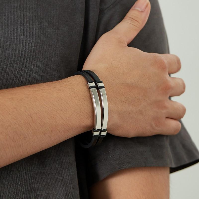 Simple Stylish Smooth Wristband With Engraved Letters Made Of Stainless Steel Double-layer Woven Leather Bracelet