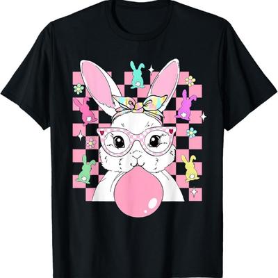 Bunny Bubble Candy Gum Glasses Easter Day Checkered Rabbit T-Shirt