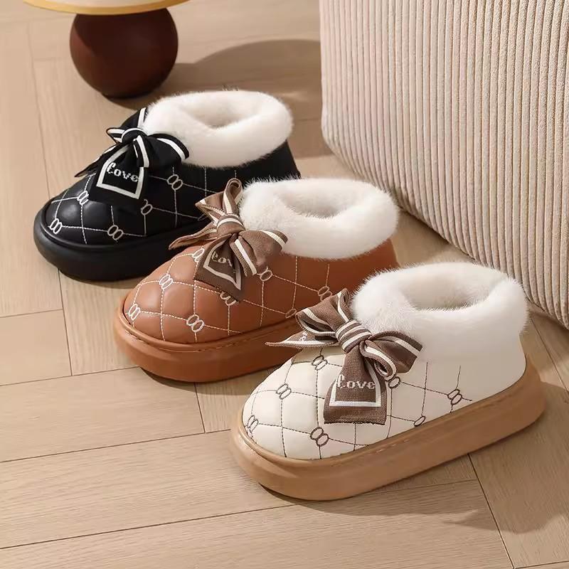 High-heeled cotton slippers, thick-bottomed bag and indoor household fashion versatile bow PU slippers, thickened and warm in winter