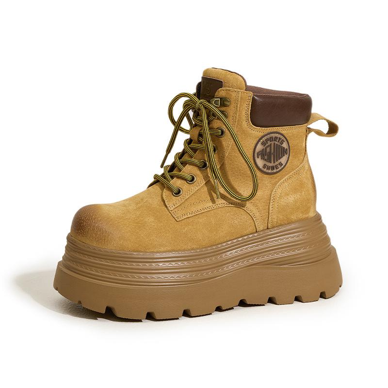 Thick-soled Inner Height-increasing Martin Boots Women's 2025 Autumn and Winter New Rhubarb Boots Medium Tube Velvet Warm Versatile Western Short Boot