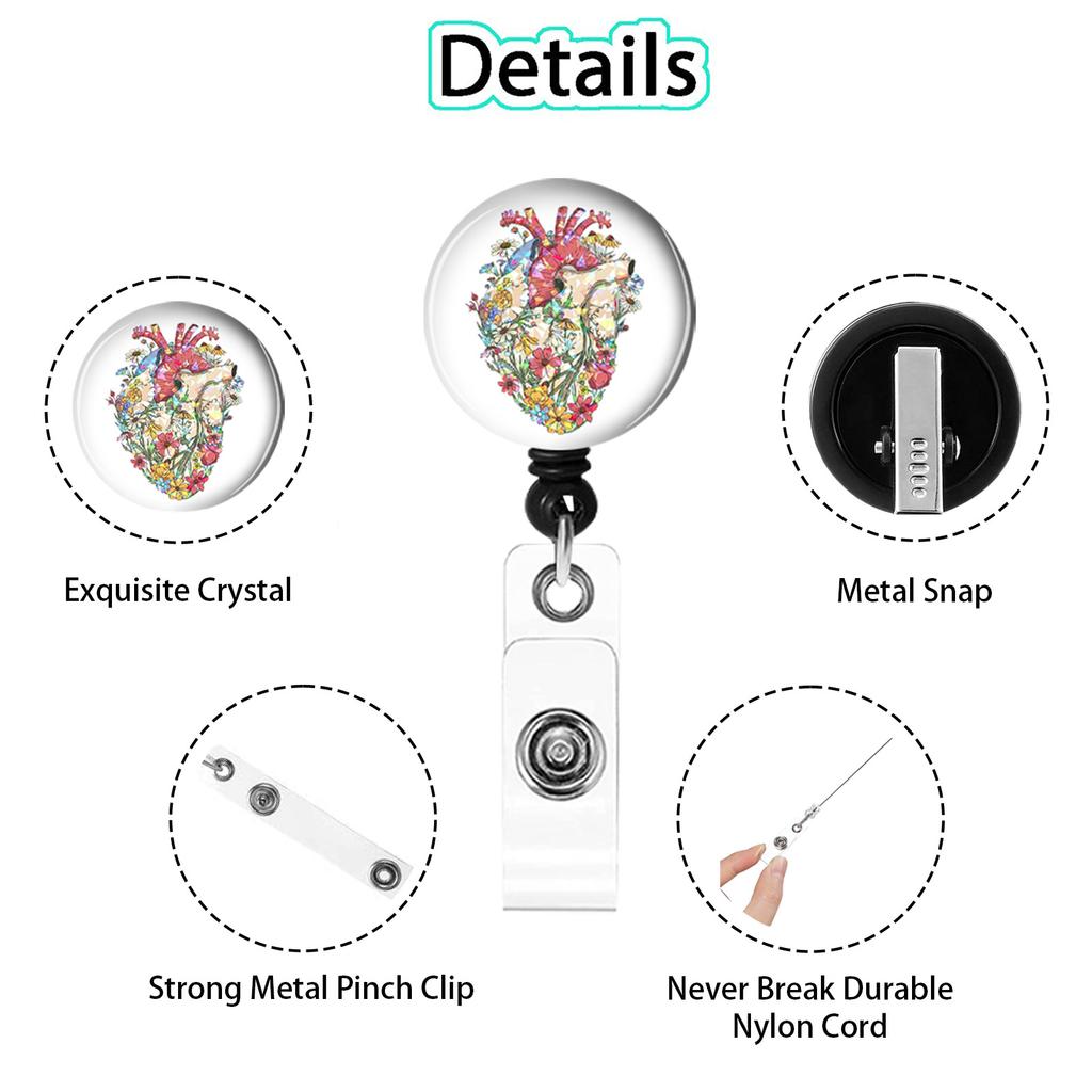 Skull Flower Id Tag Badge Holder With Retractable Badge Reel Cards Storage Organizer For Nurses Employee Pass Work Card Holder