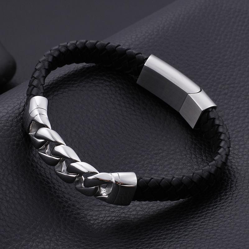 KALEN Braided Leather Stainless Steel Spring Clasp Charm Bracelet for Men