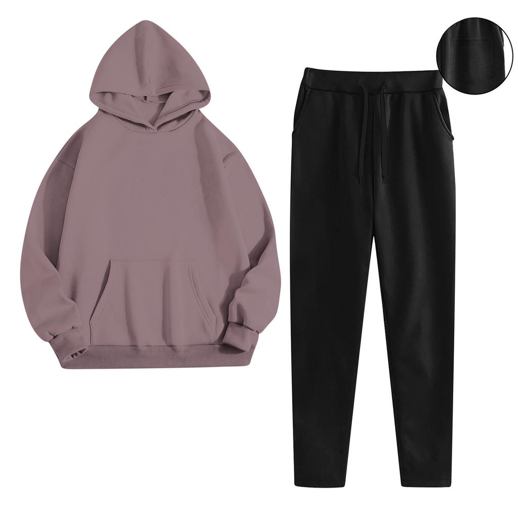 Women's Fashionable Relaxed-Fit Hooded Sweatshirt With Pockets And Fleece-Lined Trousers Set