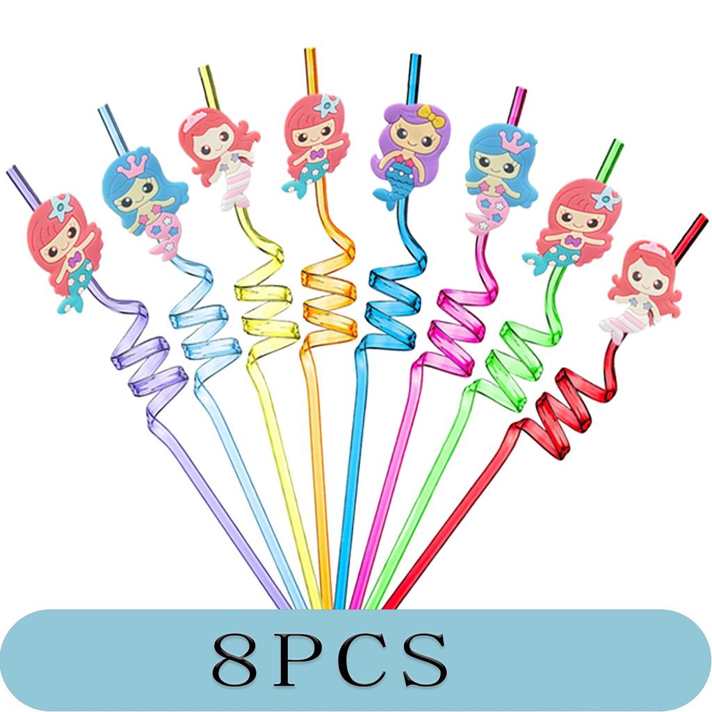 8-24PCS Curly Colored Reusable Children's Straws, Mermaid, Rainbow, Little Mary Straws For Princess Birthday Party Decorations