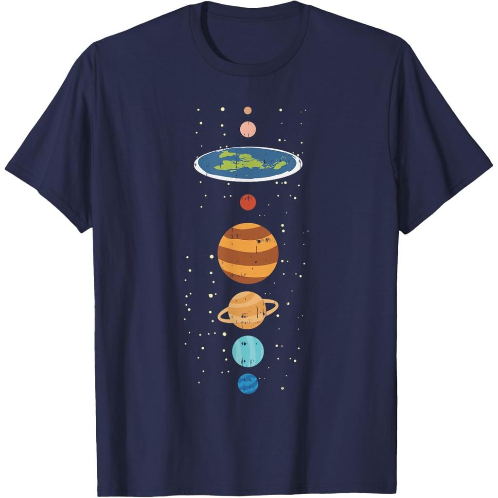 Flat Earth Planets Conspiracy Theory Funny Graphic T-Shirt Casual Cotton Tee