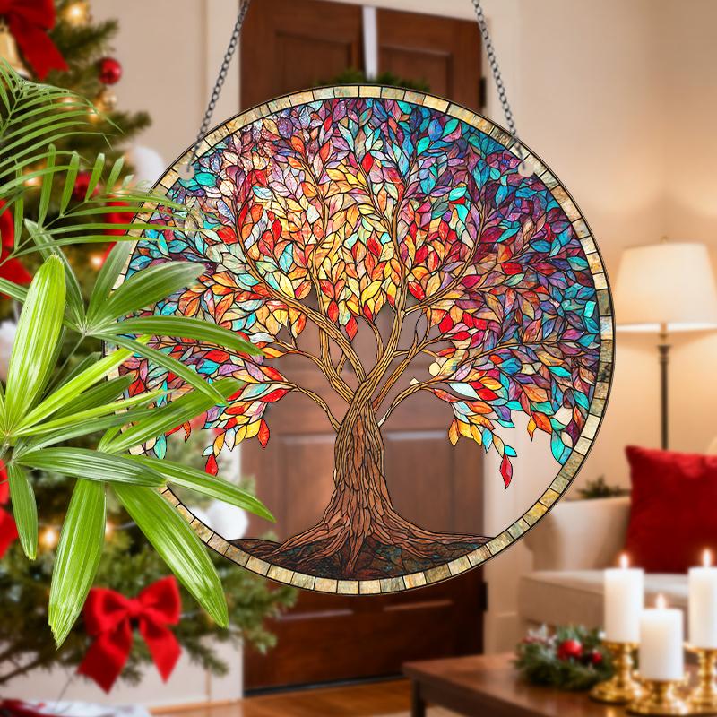 Acrylic Multicolor Tree of Life Suncatcher, Stained Glass Effect Window Hanging Ornament for Nature & Tree Lover Gifts