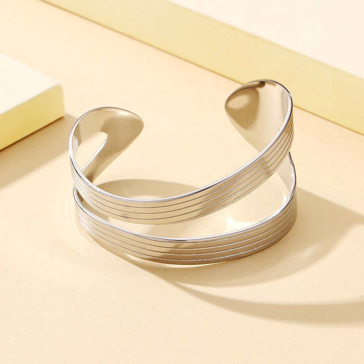 Elegant Wide Metal Geometric Stainless Steel Bracelet, Open Design, Vacuum-Plated 18K Gold for Women