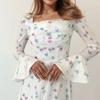 Damen Elegantes Blumiges Raffiniertes Feenhaftes Fließendes Langes Kleid Mit Taille Und Glockenärmeln Kleider Für Mädchen