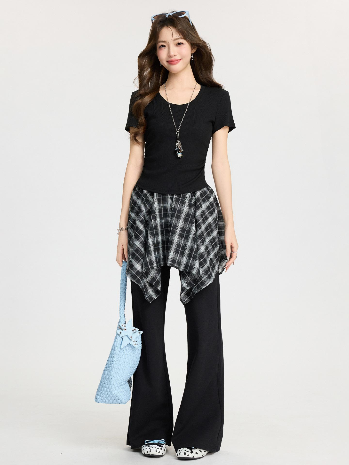 

Black Korean U-neck front shoulder basic pinch pleated waist short-sleeved T-shirt women s spring and summer versatile slim-fitting top S чёрный