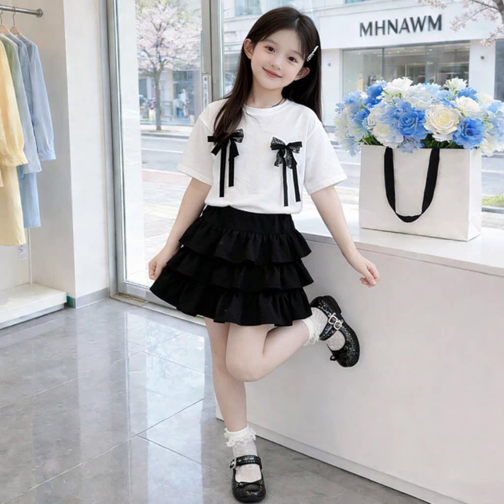 Completo estivo a due pezzi per bambina in stile coreano con fiocco - Dolce e alla moda Outfit con gonna a torta