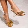Gold Bowknot Women's High Heel Sandals Pearl Ankle Strap Chunky Heel Square Toe Fashion Party Dress Shoes Sandalias De Mujer