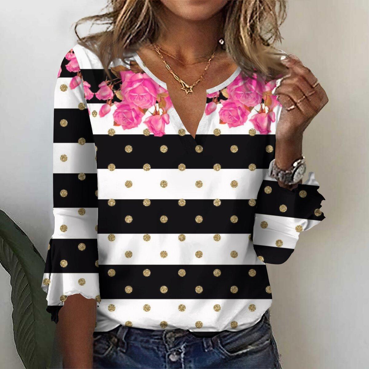 

Осень 2023, новая мода, женский повседневный топ с v-образным вырезом и рукавом 3/4 с принтом, большие размеры