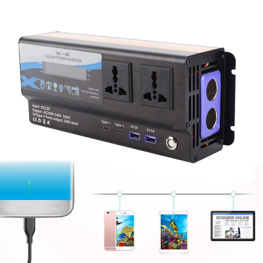 6000W Tepe Gücü Araç İnvertörü Modifiye Sinüs Dalgası Şarj Dönüştürücü 2 USB 2 Type C LED'li Renkli