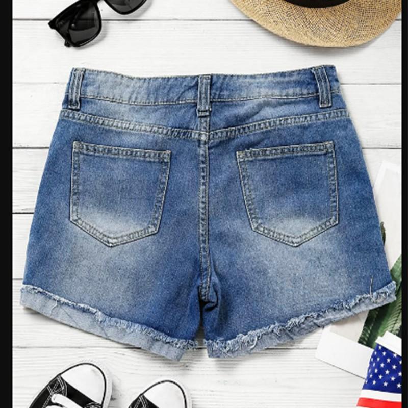 Womens Distressed Washed Denim Shorts With American Flag Patch Appliqu Relaxed Fit Straight Cut Mid-Rise Casual Jean