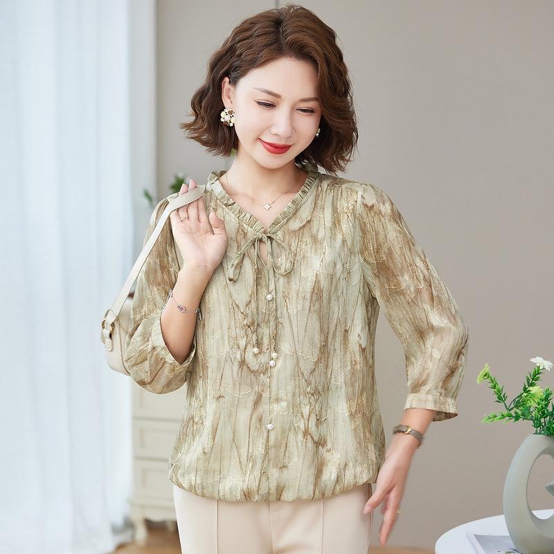 

Moms Summer Lace Collar Seven-Sleeve Top - Stylish Mid-Aged Women s Shirt for Mother s Day L for 85-105 jin хакі