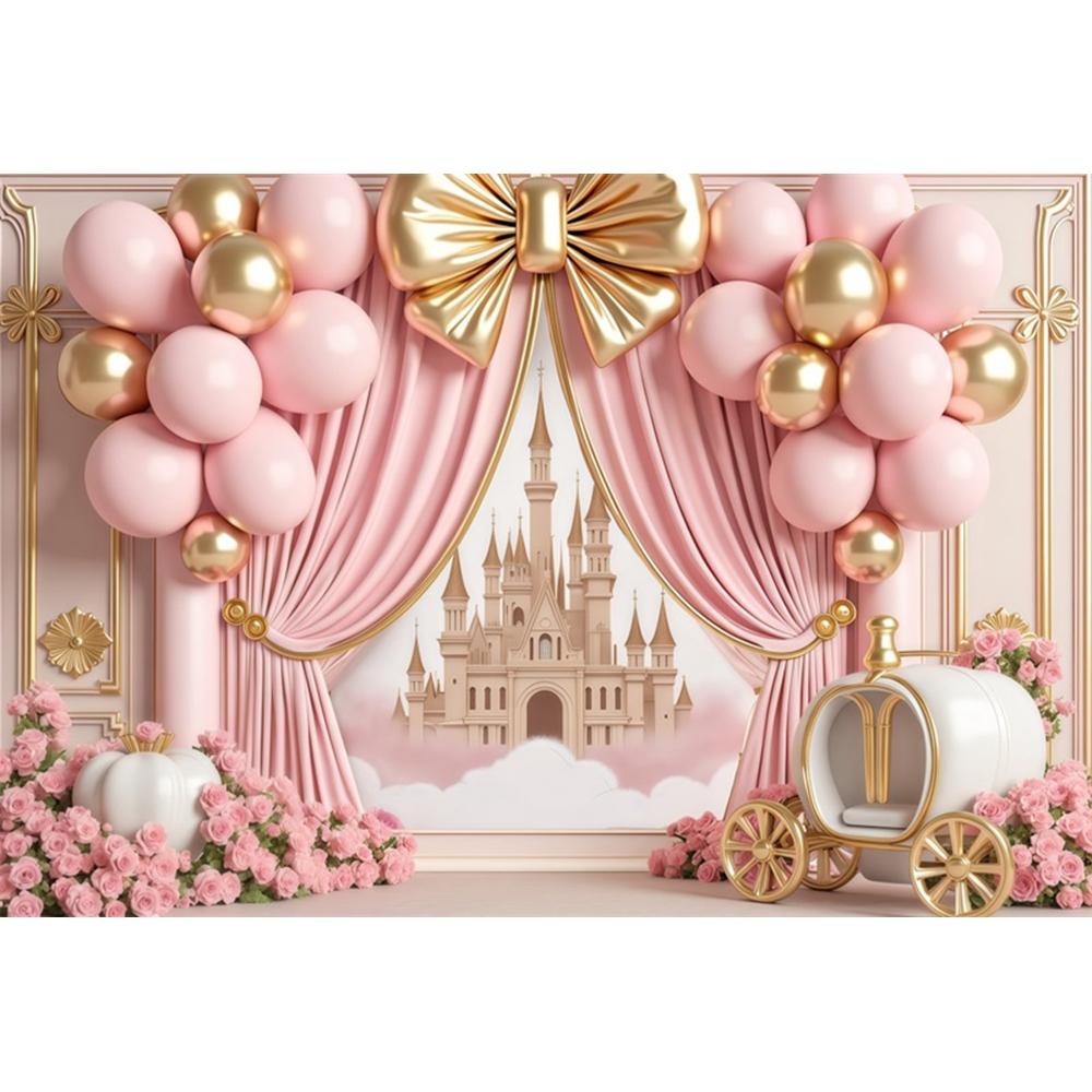 Dreamy Castle Photography Background Pink Balloon Curtain Flower Carriage Girl Birthday Bride Wedding Party Decor Photo Backdrop