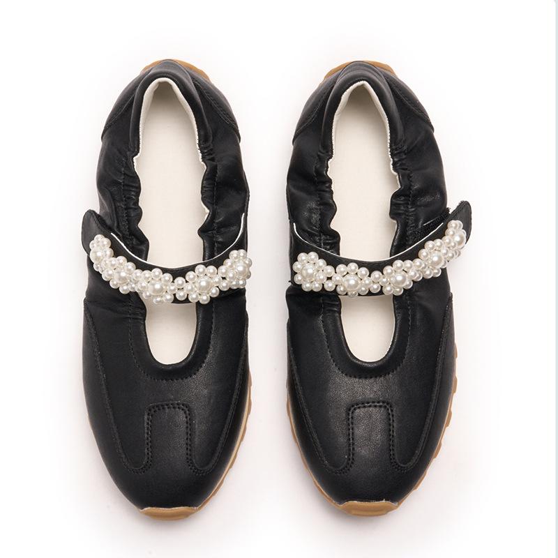 Leather Platform White Shoes Women's Word with Pearl Velcro Ballet Sports Style Casual Mary Jane De Training Shoes Women