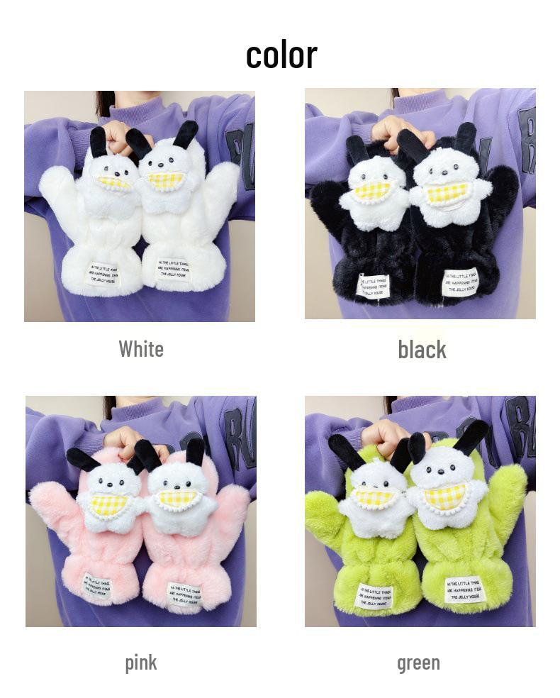 Women’s Cute Pacha Dog Winter Plush Gloves, Warm Velvet, Anti-Cold Outdoor Style for Students.