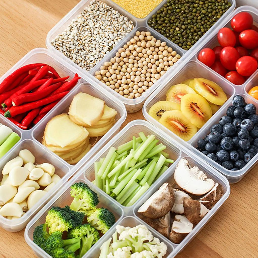 4-Compartment Food Containers For Meats & Vegetable With Lids Reusable Clear Snack Storage Box Kichen Tools Fresh-keeping Box