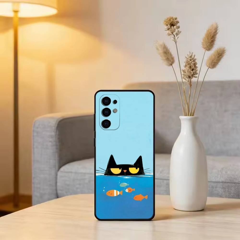 Cute Black Cat Illustration Phone Case For Samsung S25,S24,S21,S22,S23,S30,Ultra,S20,Plus,Fe,Soft Silicone Black Cover