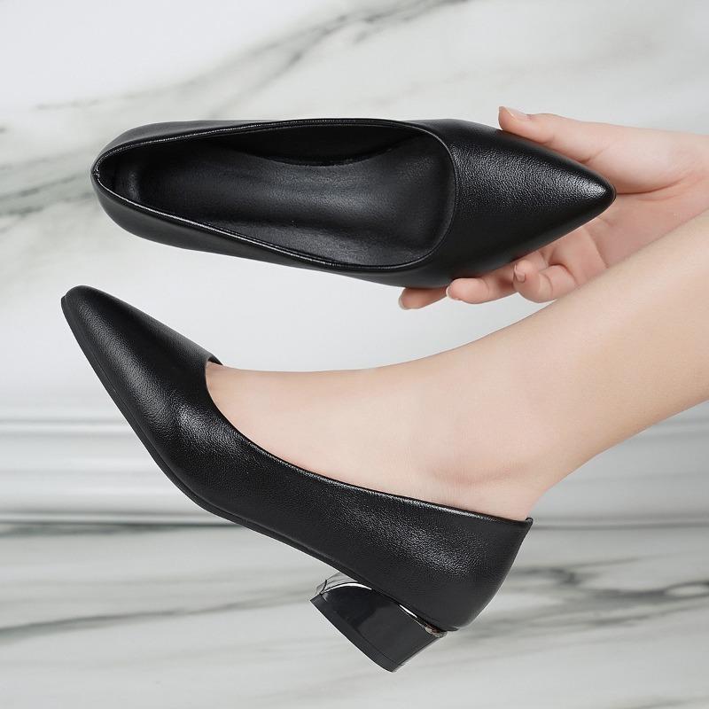 Fashion Hot Selling 2025 Autumn New Single Shoes Women Thick Heel Pointed Toe Shallow Mouth Professional All-match Women's Leather Shoes