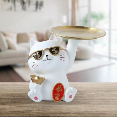 Creative Lucky Cat Statue with Tray Key Holder Resin Kitten Figurine Ornament Desk Organizer for
