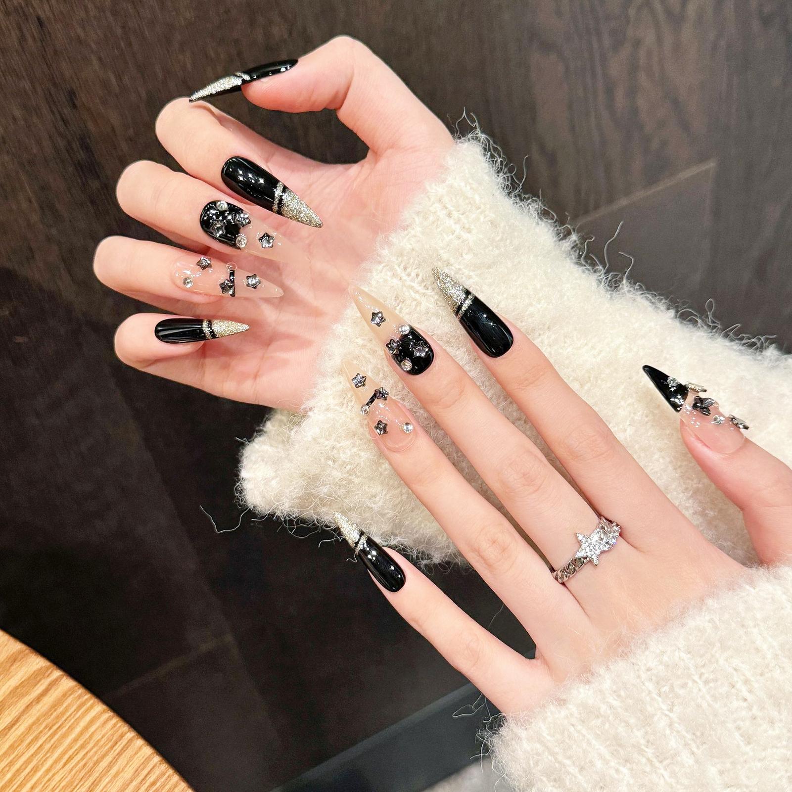 10Pcs Long Pointed Black Gold Star Handmade False Nails for Party Decoration S чёрный