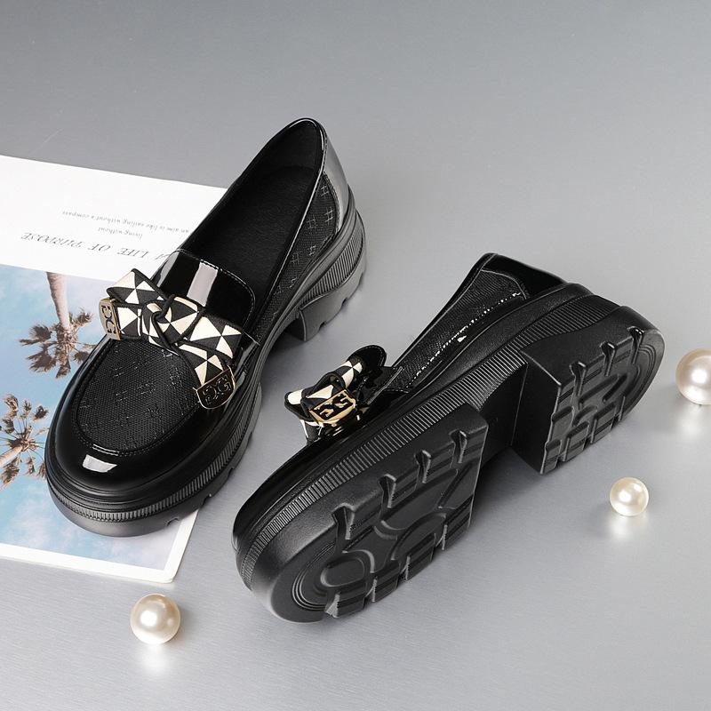 2025 Spring Female Shoes Women Fashion Mary Jane Round Toe Flats Loafers Oxfords Platform Casual Metal Chain Buckle Heels Black