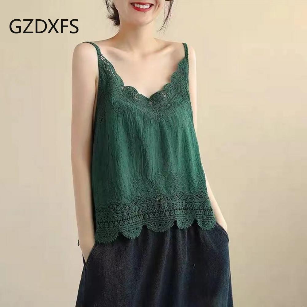 

DX2005 - MS134 # - хлопковый художественный кружевной ажурный жилет с подвязками, летний новый стиль со свободным и простым низом и верхом One size зелёный